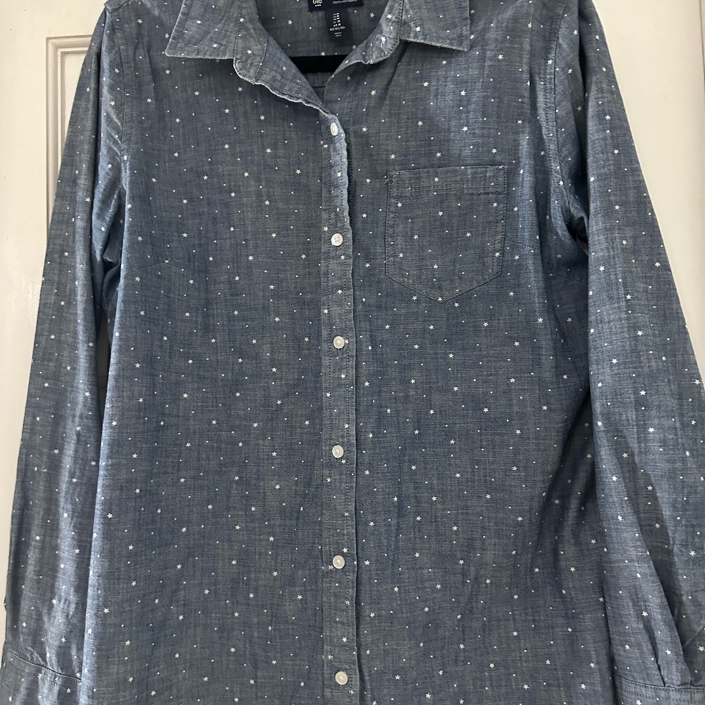 Denim button down shirt.